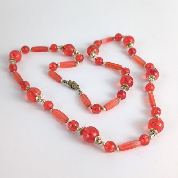 Vtg Mid-Century 24" Red-Orange Lucite Bead Necklace Barrel Clasp Estate Jewelry - Picture 7 of 7